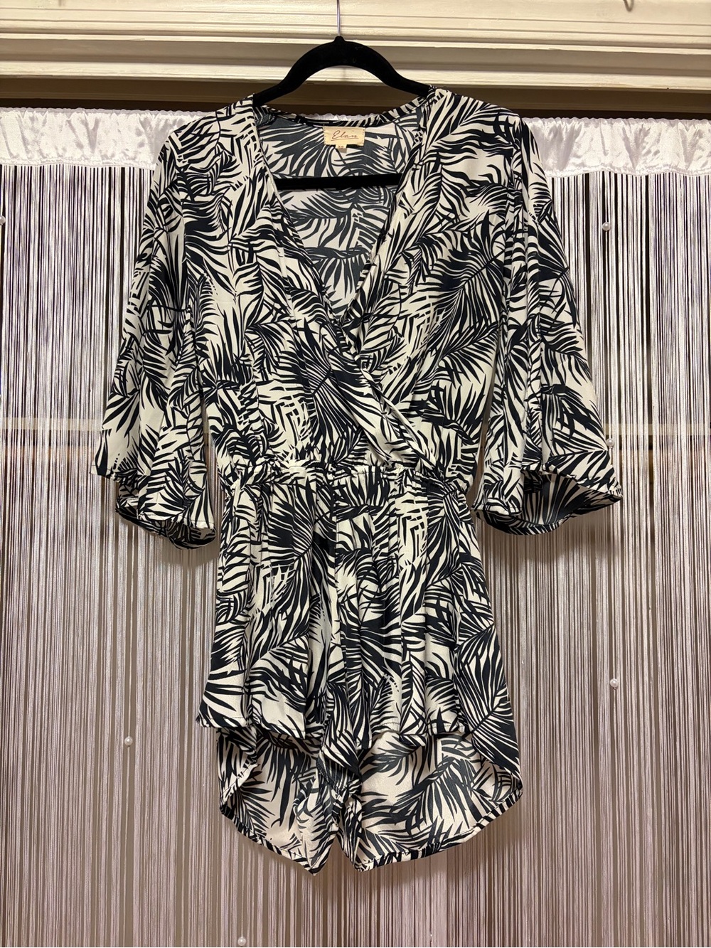 Elan Tropical Print Black and White Wrap Romper
